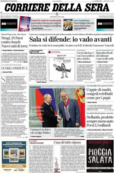 pochi secondi faLe prime pagine di oggiSala difende la sua azione, l'attacco israeliano a Deir al Balah, e l'annullamento del concerto di Gergiev a Caserta