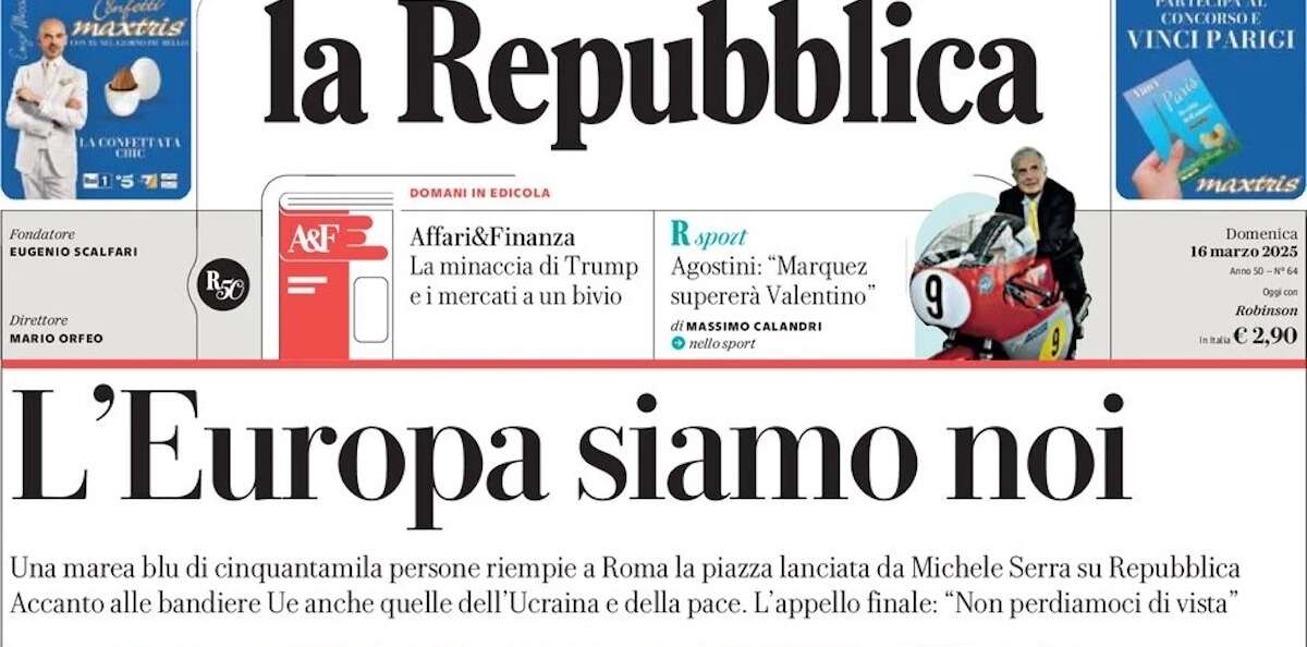 Le prime pagine di oggiLa manifestazione sull'Europa a Roma, i colloqui per il cessate il fuoco in Ucraina e il dibattito sulle spese militari