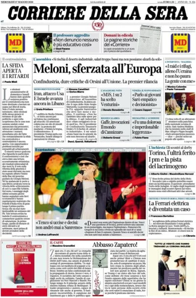 4 minuti faLe prime pagine di oggiIl discorso di Meloni all’assemblea di Confindustria, l'azione militare israeliana in Libano, e i giudizi sulla nuova Ferrari elettrica