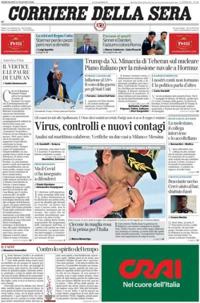 2 minuti faLe prime pagine di oggiLa visita in Cina di Trump, i controlli su possibili casi di hantavirus, la crisi del governo britannico, e il futuro dei centri per migranti in Albania