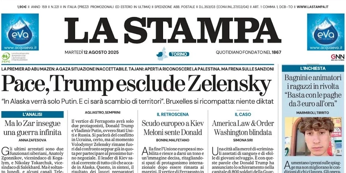 5 minuti faLe prime pagine di oggiL'incontro tra Trump e Putin di venerdì, i cinque giornalisti uccisi da un attacco israeliano nella Striscia di Gaza e le polemiche sulle “spiagge vuote”