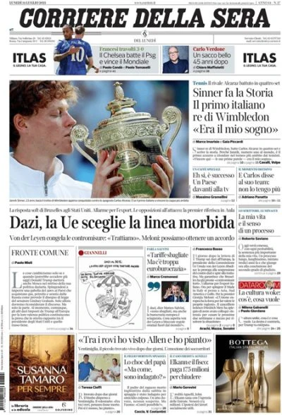 5 minuti faLe prime pagine di oggiLa vittoria di Sinner a Wimbledon, le reazioni dell'Unione Europea ai dazi di Trump, e la nuova strage di civili a Gaza