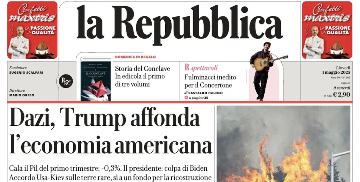 Le prime pagine di oggiI fondi stanziati dal governo per la sicurezza sul lavoro, il calo del PIL negli Stati Uniti per i dazi di Trump e poi ancora il conclave