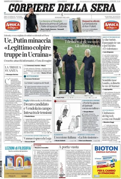 3 minuti faLe prime pagine di oggiLe minacce di Putin ai 