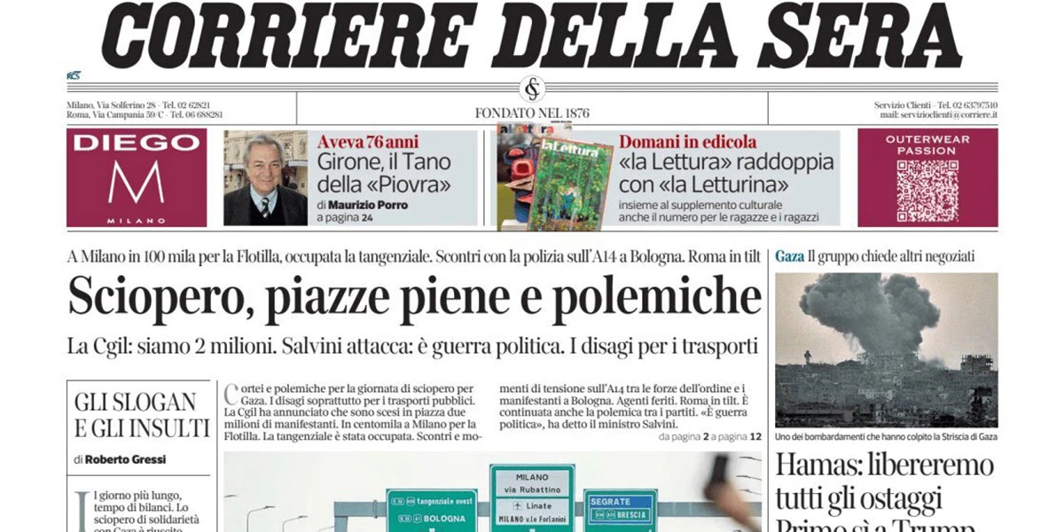 2 minuti faLe prime pagine di oggiLo sciopero generale e le manifestazioni per Gaza, la risposta di Hamas al piano di pace di Trump, e le anticipazioni sulla prossima legge di bilancio