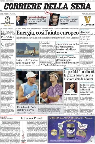 1 ora faLe prime pagine di oggiL'aumento di spesa per la transizione energetica, l'attacco ucraino a San Pietroburgo, la grazia a Minetti, e la semifinale fra Arnaldi e Cobolli al Roland Garros