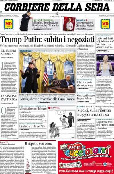 Le prime pagine di oggiLa telefonata fra Putin e Trump sull'Ucraina, il calo della produzione industriale, e il festival di Sanremo