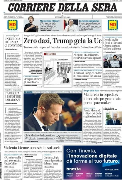 Le prime pagine di oggiLa trattativa sui dazi, il ricovero di Mattarella, gli Stati Uniti contro un documento di condanna della Russia per Sumy, e Harvard si oppone alle richieste di Trump