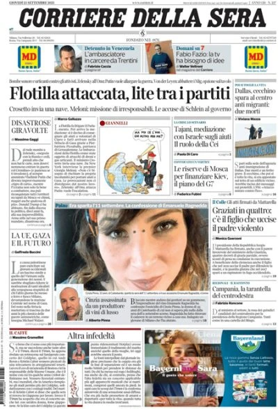 pochi secondi faLe prime pagine di oggiL'attacco alle barche della Global Sumud Flotilla, le critiche di Meloni agli organizzatori, e le grazie decise dal presidente della Repubblica Mattarella