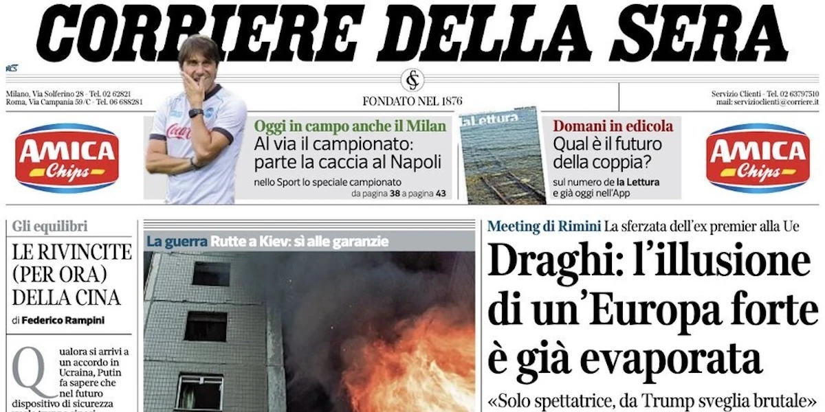 4 minuti faLe prime pagine di oggiMario Draghi al Meeting di Rimini, il video di Almasri, l'inchiesta sull'urbanistica a Milano e l'inizio della Serie A