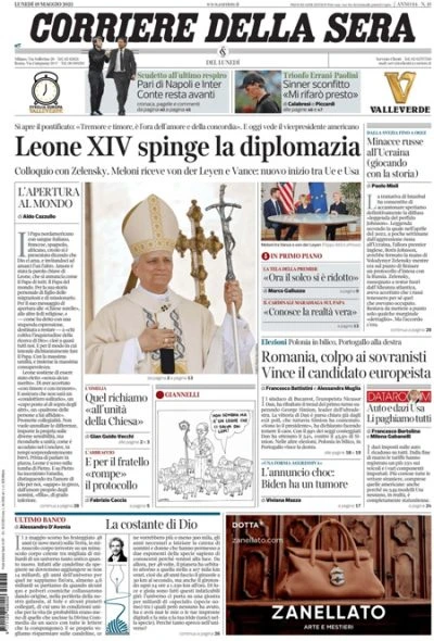 Le prime pagine di oggiL'insediamento di papa Leone XIV, l'incontro fra Meloni, Vance e von der Leyen, le elezioni in Romania, e la vittoria di Alcaraz con Sinner