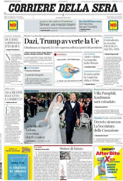 Le prime pagine di oggiLe nuove trattative fra Trump e l'Europa sui dazi, il Pride di Budapest e il matrimonio veneziano di Jeff Bezos