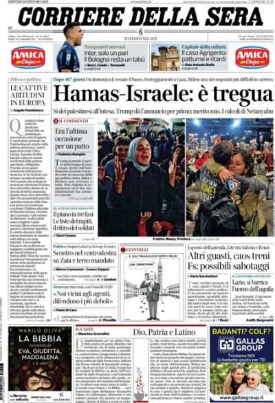 Le prime pagine di oggiLa tregua fra Israele e Hamas, i ritardi dei treni e l'accusa di sabotaggio, e i nuovi programmi scolastici