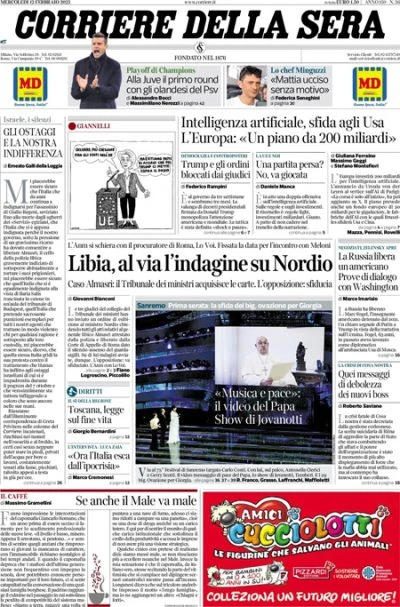 Le prime pagine di oggiLa legge sul suicidio assistito della Toscana, l'incontro sull'intelligenza artificiale a Parigi, e il destino della tregua fra Israele e Hamas