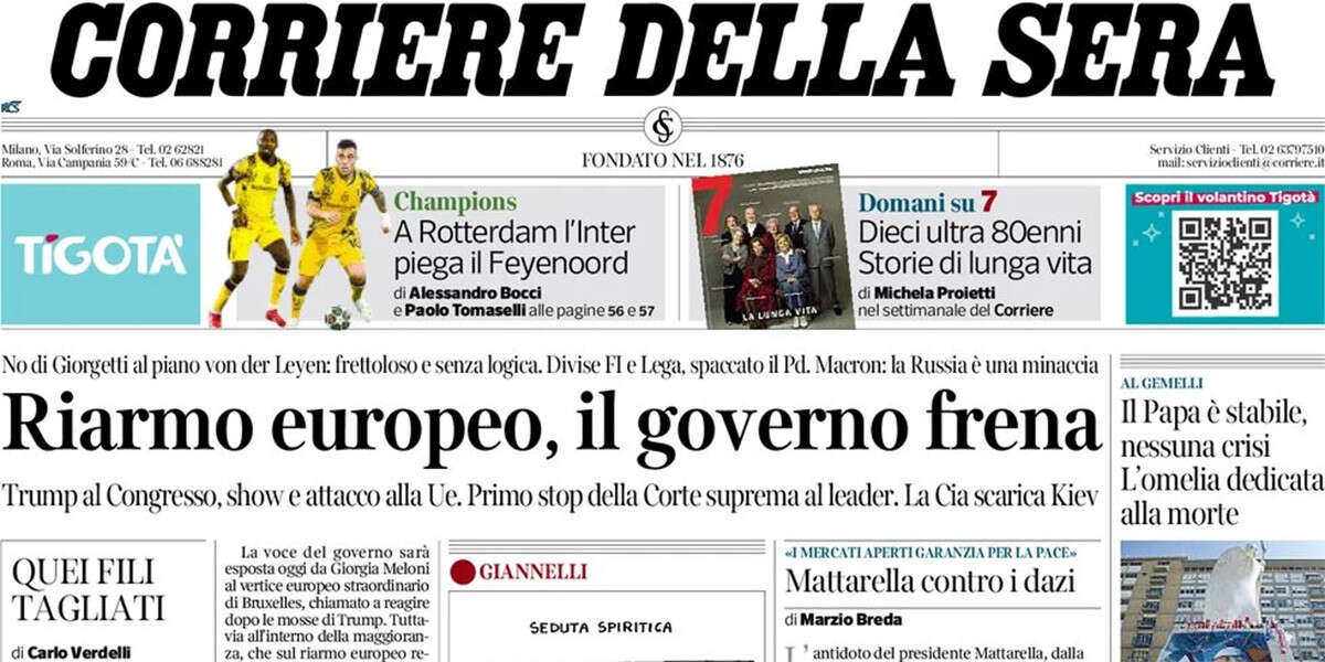 Le prime pagine di oggiIl Consiglio europeo di oggi sul riarmo, l'incontro fra Meloni e l'associazione magistrati, e la morte di Bruno Pizzul