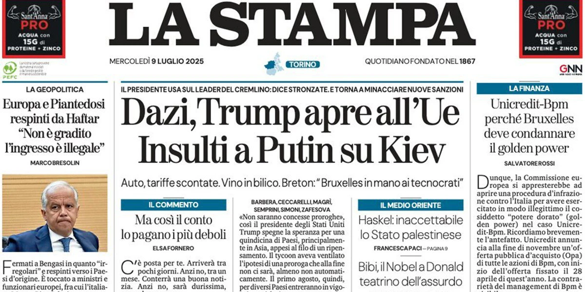 1 minuto faLe prime pagine di oggiTrump sui dazi e su Putin, la delegazione europea respinta dalla Libia orientale, e il suicidio di un uomo all'aeroporto di Orio al Serio
