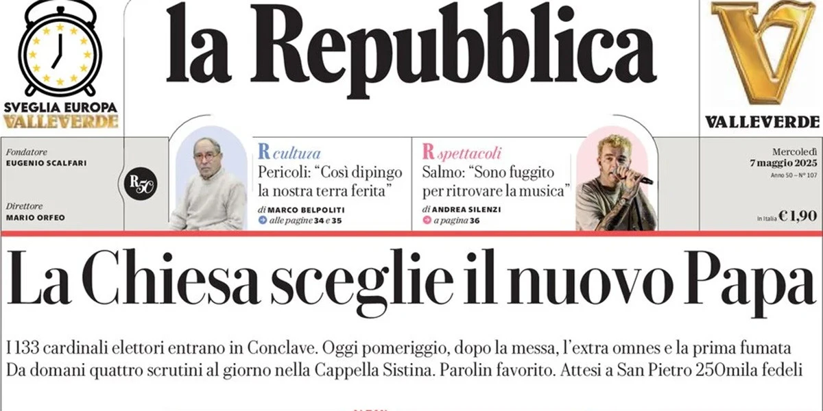 Le prime pagine di oggiL'inizio del conclave, l'elezione contrastata del cancelliere tedesco Merz, e l'Inter in finale di Champions League