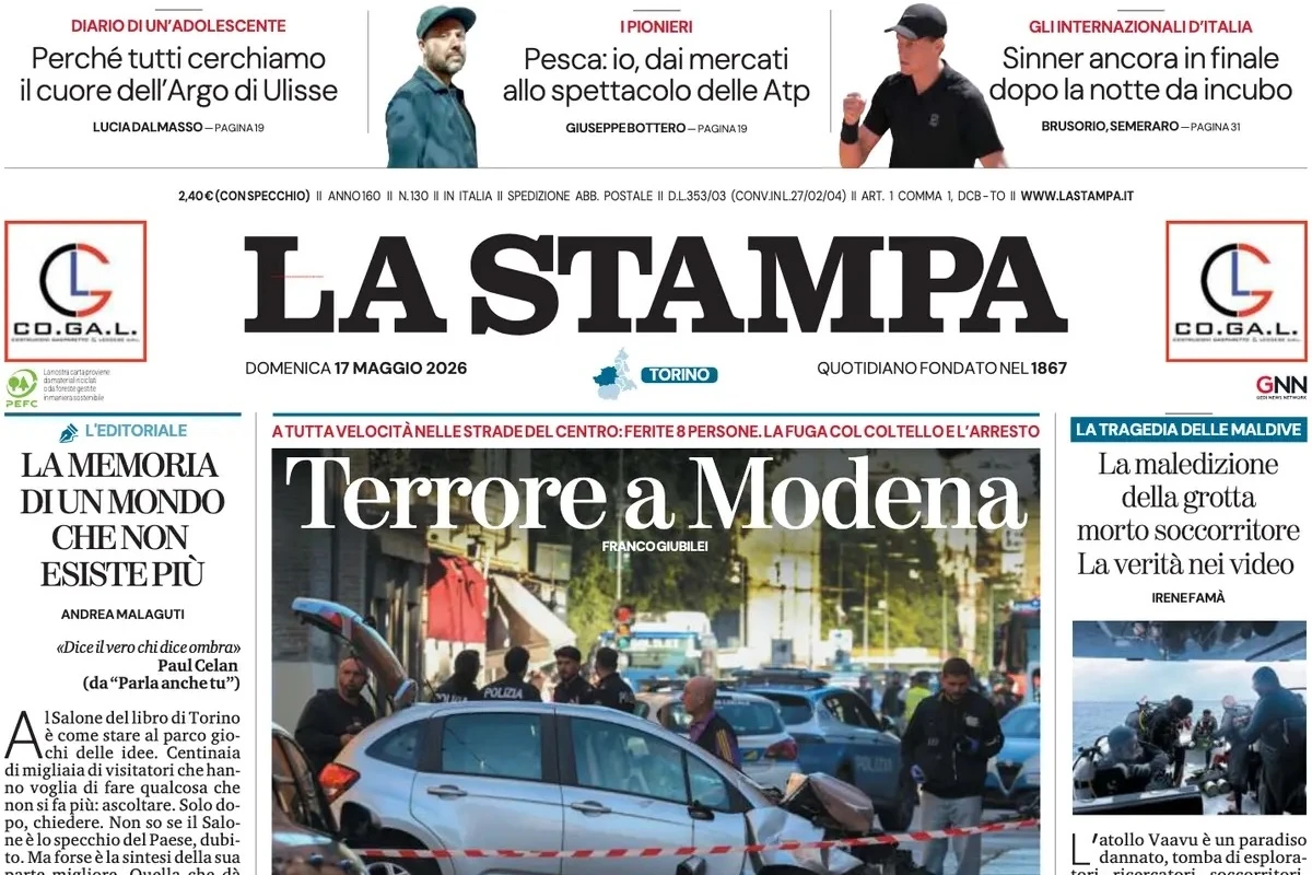 3 minuti faLe prime pagine di oggiLe persone investite in centro a Modena da un uomo in auto, la morte del sommozzatore alle Maldive, il derby di Roma e la finale degli Internazionali