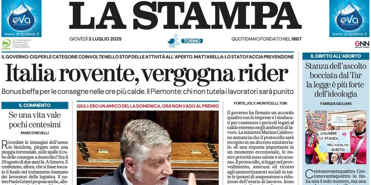 3 minuti faLe prime pagine di oggiIl caldo, la sospensione dell'invio di alcune armi dagli Stati Uniti all'Ucraina, e l'incontro fra il papa e Meloni