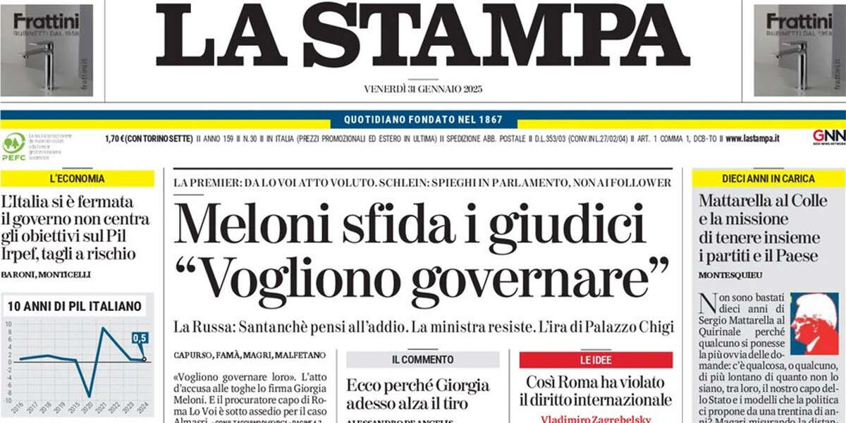 Le prime pagine di oggiLe accuse di Meloni alla magistratura, l'incidente aereo di Washington, e gli ostaggi israeliani liberati