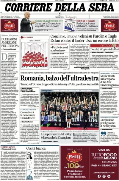 Le prime pagine di oggiTrump scettico sulla pace fra Russia e Ucraina, le elezioni in Romania, il conclave, e il missile Houthi sull'aeroporto di Tel Aviv