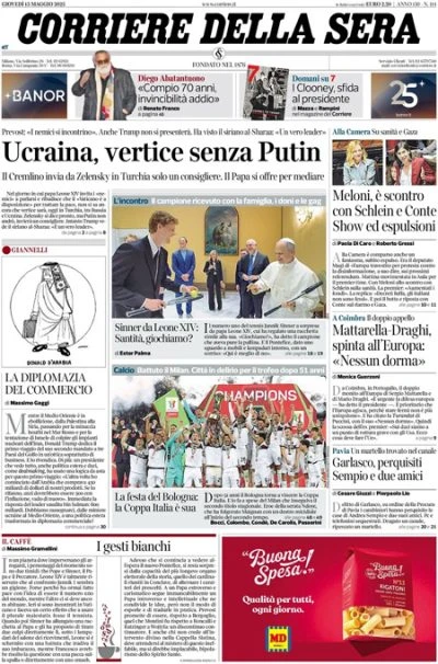 Le prime pagine di oggiPutin non va in Turchia, il question time di Meloni alla Camera, i discorsi di Mattarella e Draghi in Portogallo, Sinner dal papa, e la Coppa Italia al Bologna