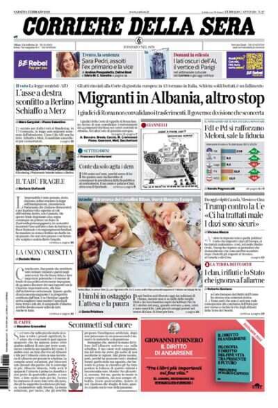 Le prime pagine di oggiI migranti portati in Albania ritornano in Italia, i dazi di Trump, e la legge sull'immigrazione bocciata in Germania