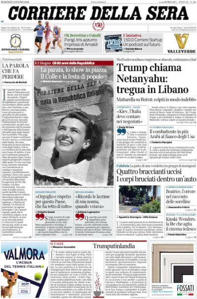4 minuti faLe prime pagine di oggiLe celebrazioni per il 2 giugno, i negoziati in Medio Oriente e i tre tennisti italiani ai quarti del Roland Garros