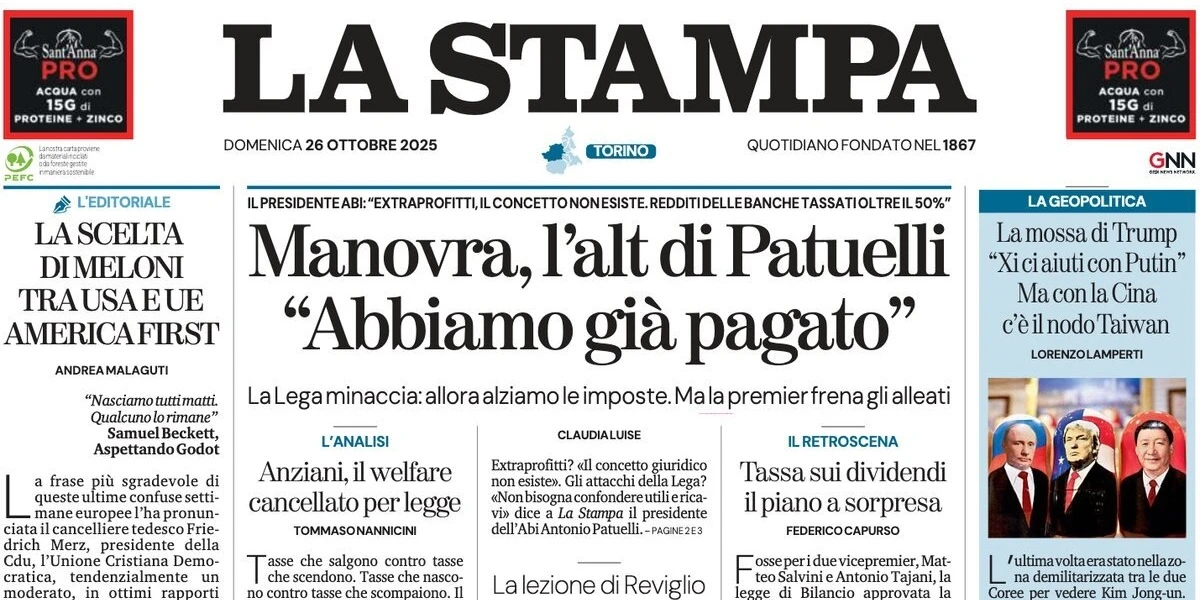 pochi secondi faLe prime pagine di oggiI dissidi tra la Lega e le banche sulle nuove tasse nella legge di bilancio, e il viaggio di Donald Trump in Asia