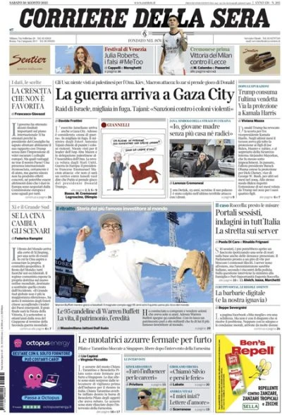 3 minuti faLe prime pagine di oggiL'offensiva israeliana su Gaza City, le trattative per una tregua fra Russia e Ucraina, e la manifestazione a Venezia contro la guerra a Gaza