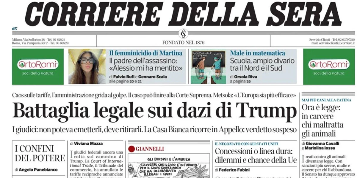 Le prime pagine di oggiI dazi bloccati e poi ripristinati dai tribunali, la proposta per una tregua a Gaza, e gli allenatori della prossima Serie A