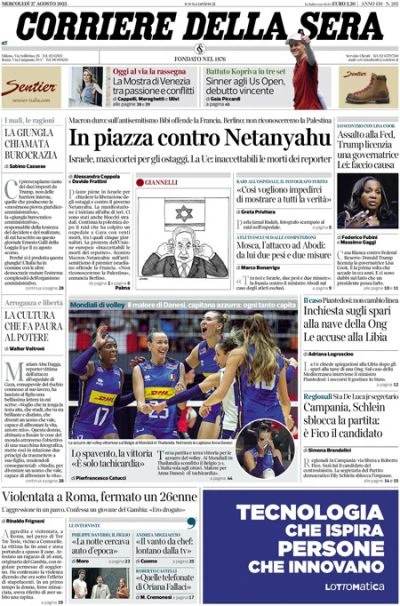 5 minuti faLe prime pagine di oggiLa manifestazione a Tel Aviv per la liberazione degli ostaggi, Trump contro la Federal Reserve, e le accuse alla Libia per gli spari alla nave di una ong