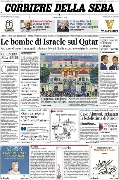 1 minuto faLe prime pagine di oggiL'attacco israeliano a Hamas in Qatar, la barca della Global Sumud Flotilla colpita in Tunisia, il nuovo primo ministro francese, e la morte di Benni
