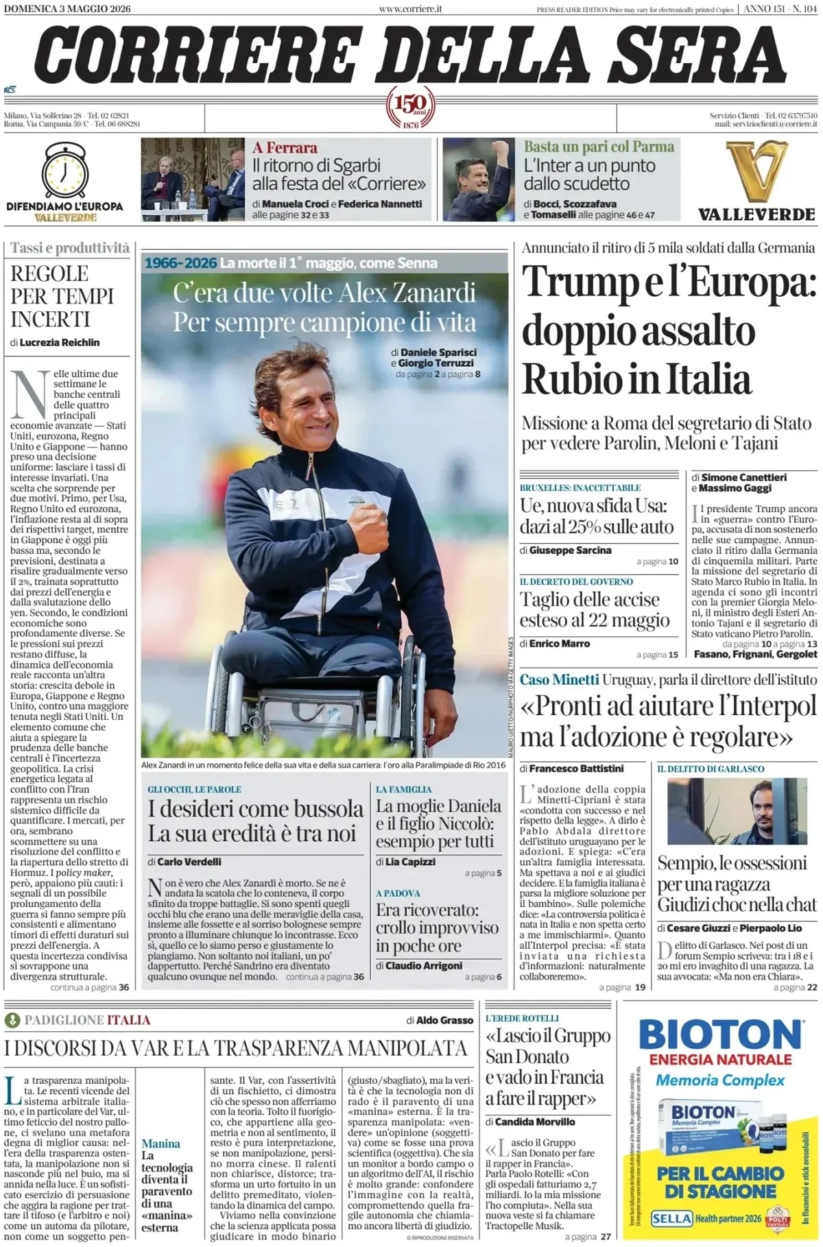 pochi secondi faLe prime pagine di oggiLa morte di Alex Zanardi, i dazi di Trump sulle auto europee e la proroga della riduzione delle accise