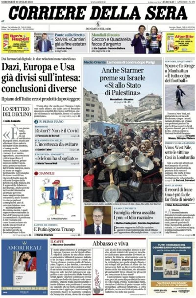 pochi secondi faLe prime pagine di oggiLe versioni diverse dell'accordo sui dazi, il Regno Unito favorevole al riconoscimento della Palestina, e il virus West Nile