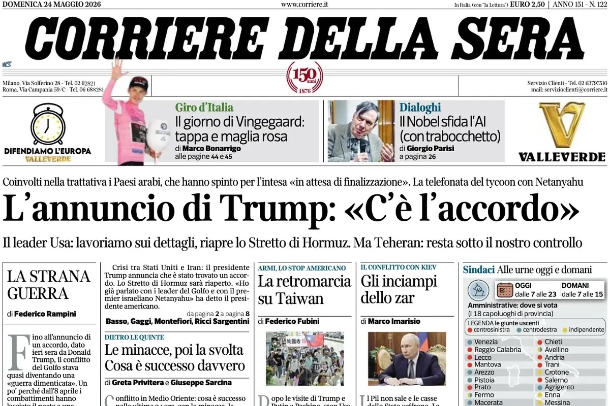 pochi secondi faLe prime pagine di oggiLe dichiarazioni di Donald Trump sulla possibile fine della guerra in Medio Oriente, la presentazione delle elezioni amministrative e la sfida di quattro squadre per qualificazione in Champions League