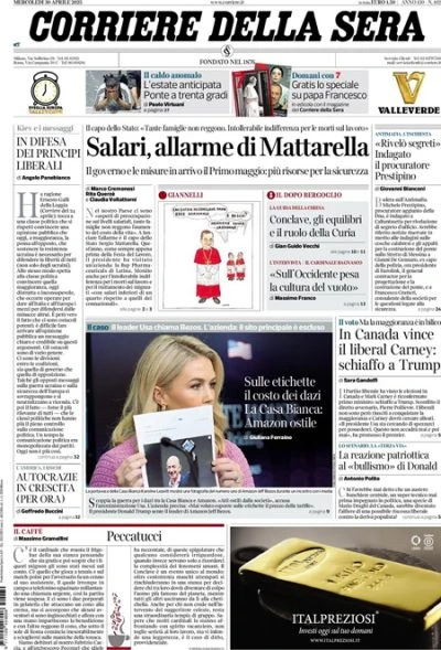 Le prime pagine di oggiIl discorso di Mattarella per il primo maggio, la vittoria dei Liberali in Canada, ancora i dazi, e il ritiro dal conclave del cardinale Becciu