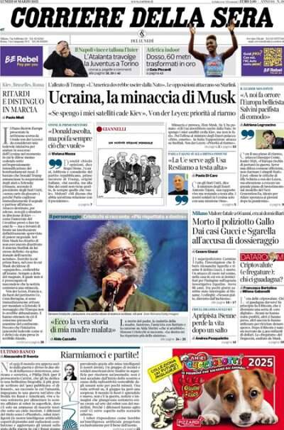 Le prime pagine di oggiMusk minaccia di togliere Starlink all'Ucraina, la morte dell'ex poliziotto Carmine Gallo, e quella di un giovane sciatore in Friuli