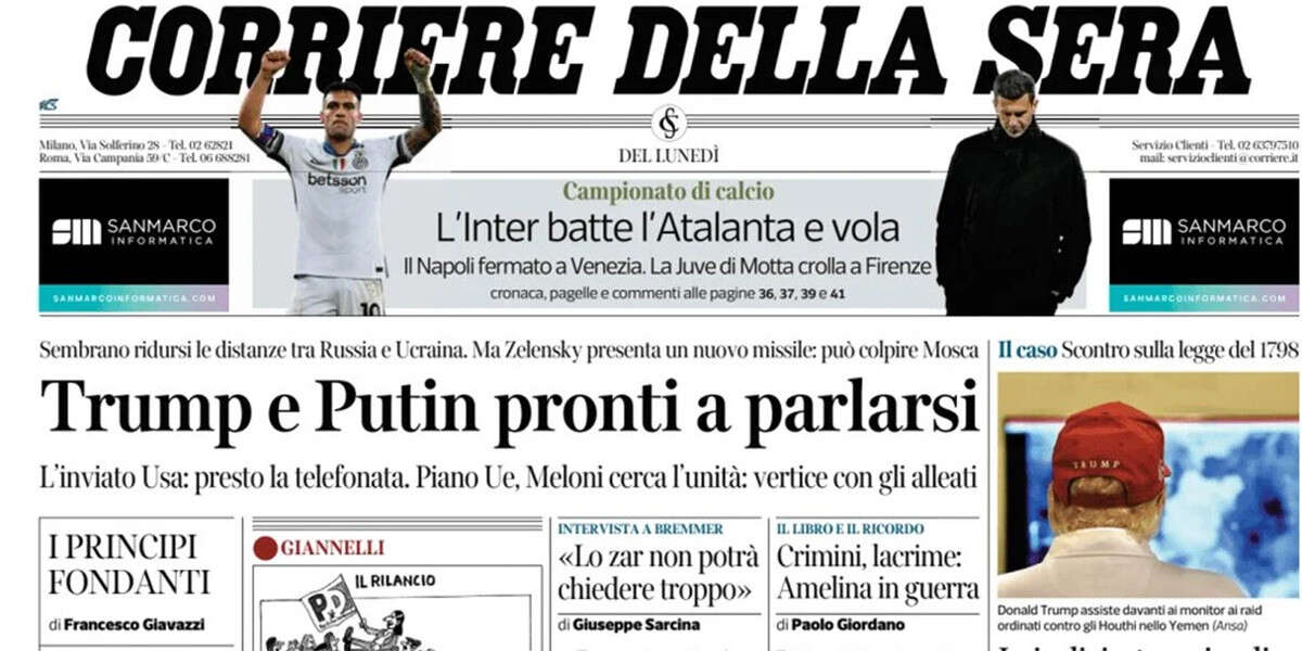 Le prime pagine di oggiLa trattativa per una tregua fra Russia e Ucraina, la difesa comune europea, e la prima foto del Papa ricoverato