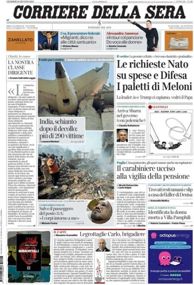 Le prime pagine di oggiL'aereo precipitato in India, la difesa comune europea e le spese militari, e il carabiniere ucciso in Puglia