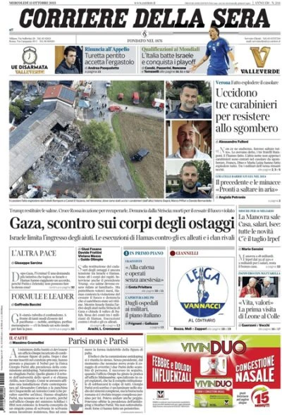 2 minuti faLe prime pagine di oggiLa prossima legge di bilancio, la situazione nella Striscia di Gaza, e i tre carabinieri morti per un'esplosione vicino a Verona