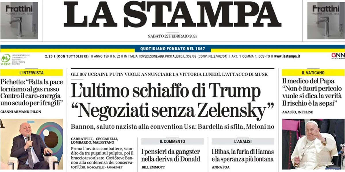 Le prime pagine di oggiTrump contro Zelensky, il saluto romano di Bannon, la salute del Papa, e le elezioni in Germania