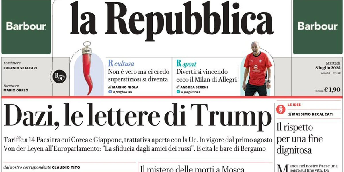 4 minuti faLe prime pagine di oggiLe trattative sui dazi, l'incontro fra Netanyahu e Trump, il presunto suicidio di un ex ministro russo, e Sinner a Wimbledon