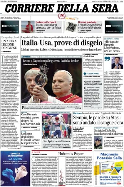 4 minuti faLe prime pagine di oggiL'incontro fra Meloni e Rubio, la visita del papa a Napoli e Pompei, e la manifestazione a Venezia contro la partecipazione di Israele alla Biennale