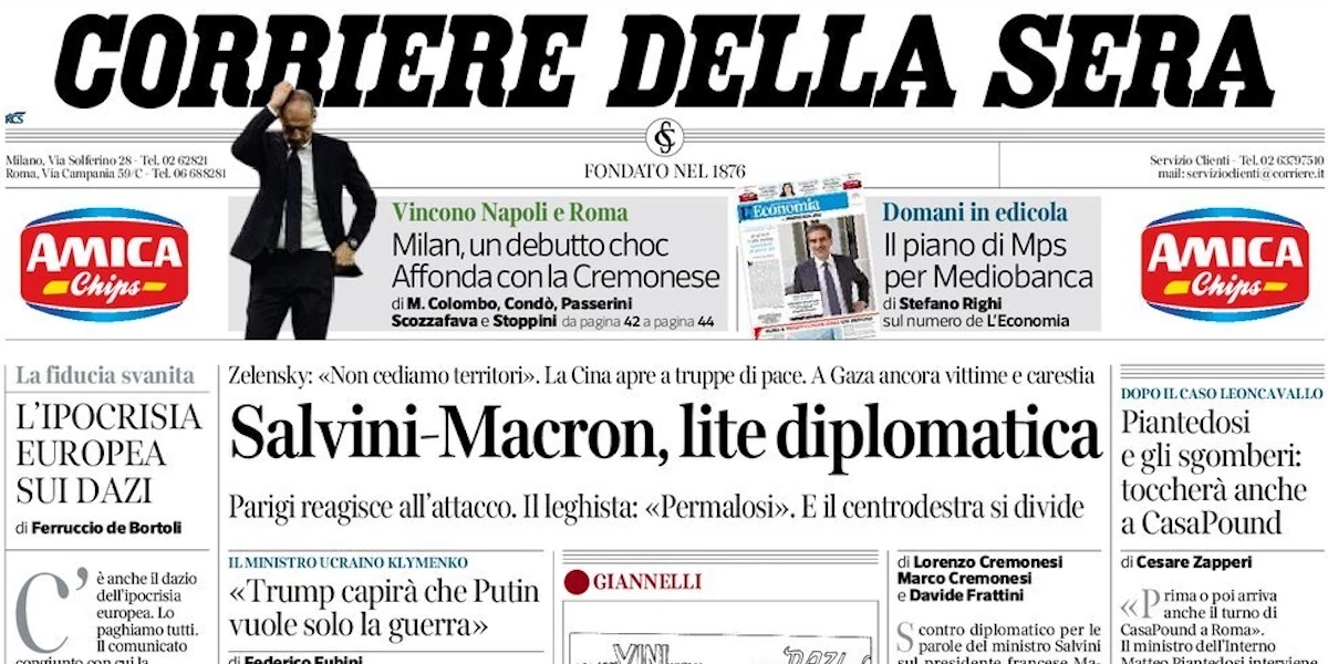 3 minuti faLe prime pagine di oggiLa lite tra Salvini e Macron, Piantedosi su CasaPound e i primi risultati in Serie A