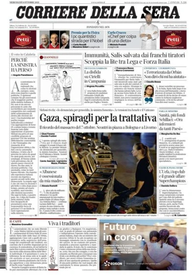1 minuto faLe prime pagine di oggiI negoziati fra Israele e Hamas, la polemica fra Vaticano e Israele, l'immunità di Ilaria Salis, e Meloni denunciata per genocidio