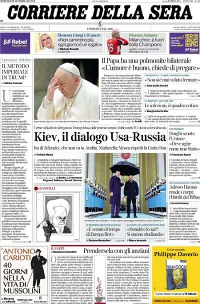 Le prime pagine di oggiL'incontro fra Russia e Stati Uniti a Riad, le preoccupazioni per la salute del Papa, e i dati sul recupero dell'evasione fiscale nel 2024