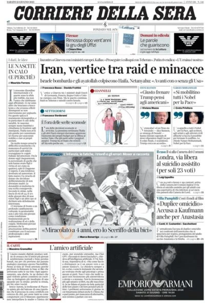 Le prime pagine di oggiL'incontro fra i ministri degli Esteri europei e iraniano, la manifestazione dei metalmeccanici a Bologna, e le indagini su madre e figlia trovate morte a Villa Pamphili