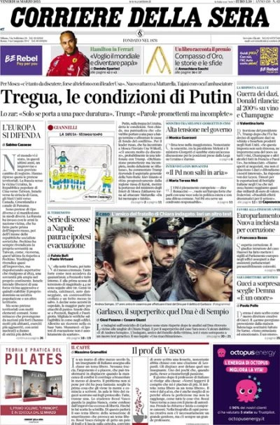Le prime pagine di oggiLe condizioni di Putin per la tregua, il terremoto nei Campi Flegrei, e le nuove indagini sull'omicidio di Chiara Poggi