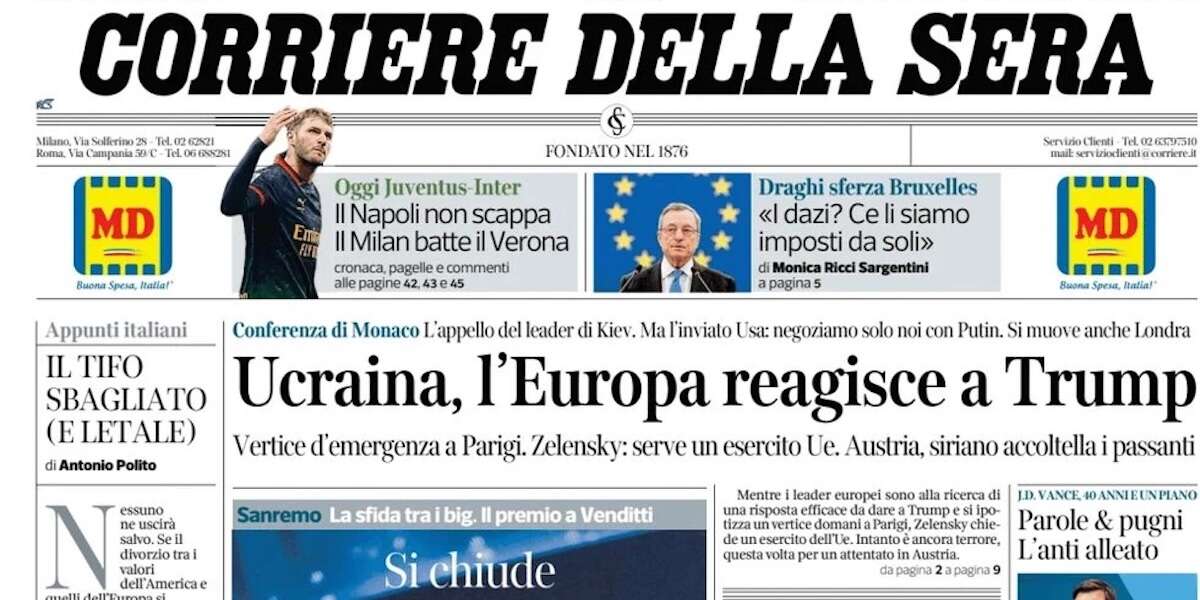 Le prime pagine di oggiL’esclusione dell’Europa dai negoziati sulla fine della guerra in Ucraina, la finale di Sanremo e la squalifica di Jannik Sinner per la storia del clostebol